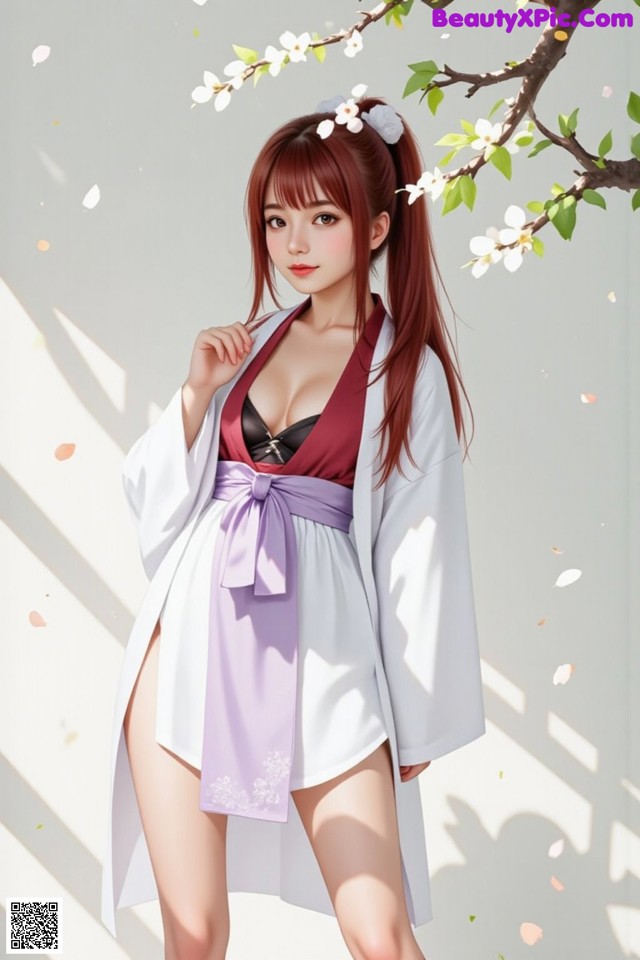 A woman in a white robe with a purple sash stands under cherry blossoms.